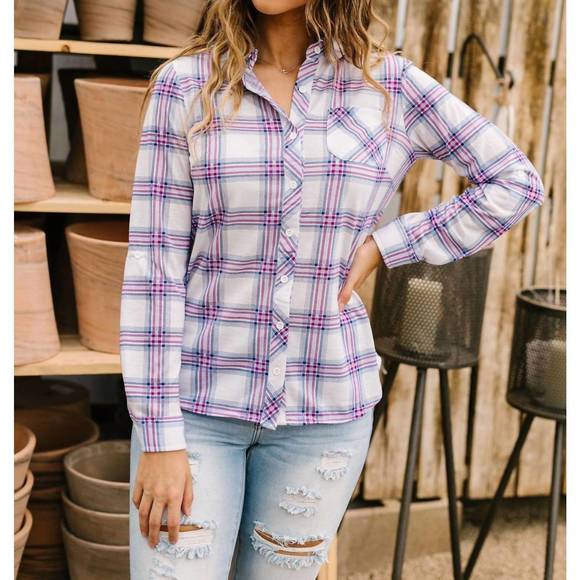NEW NINEXIS happy plaid button-down shirt in pink/grey plaid - Picture 1 of 3